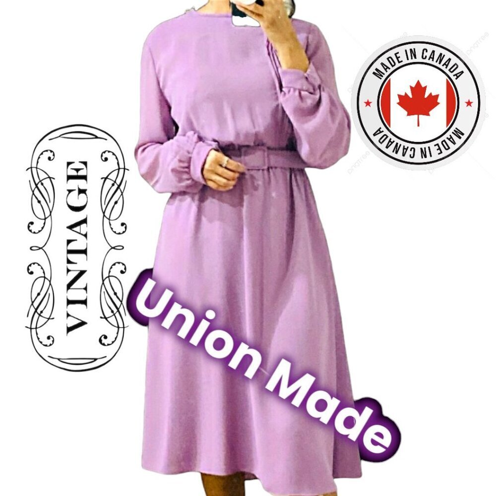 Vintge 70s Boho Long Sleeve Crepe Midi Belted  Dress Canadian Unionmade Purple